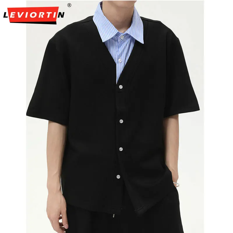 

Лето 202, мужская модная молодежная модная рубашка в корейском стиле из двух частей в контрастную полоску, свободный топ-поло с лацканами в стиле пэчворк