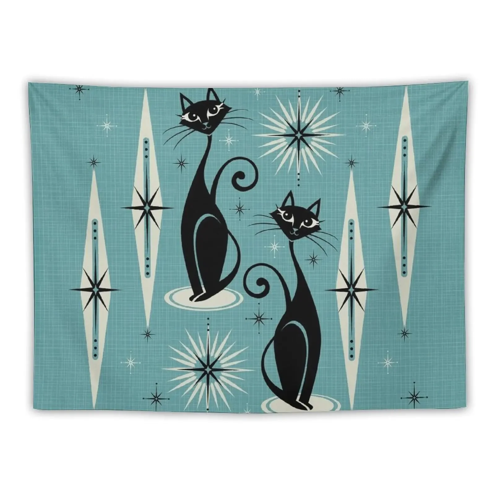 Mid Century Meow on Blue - Large Scale Tapestry Custom Room Decorations Aesthetics Wall Deco Aesthetic Room Decorations Tapestry