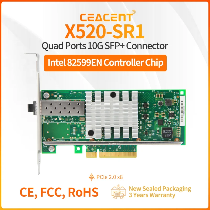 

X520-SR1 Однопортовая сетевая карта 10 Гбит/с PCIe 2.1 x8 Intel 82599 Чипсет NIC с приемопередатчиком 10G SFP+ 10Gbase-SR в комплекте