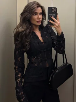 Tossy Summer Lace Shrug Blouse 5 Tossy Summer Lace Printed Shirts Tops Female Hollow Out Fashion Commute Vintage See-Through Blouse Women's Lace Shrug Shirts New 5