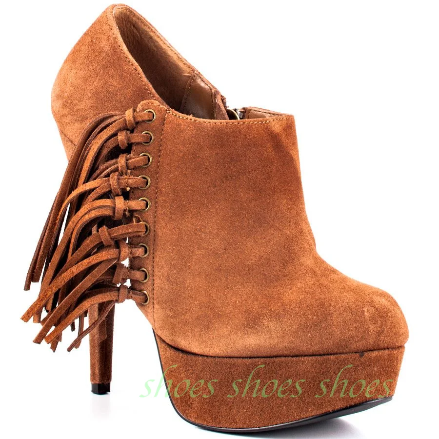 Brown Faux Suede Platform Ankle Booties Fringe Tassel Decor Metal Eyelets Zipper Stiletto Heel Western Vintage Women Ankle Boots