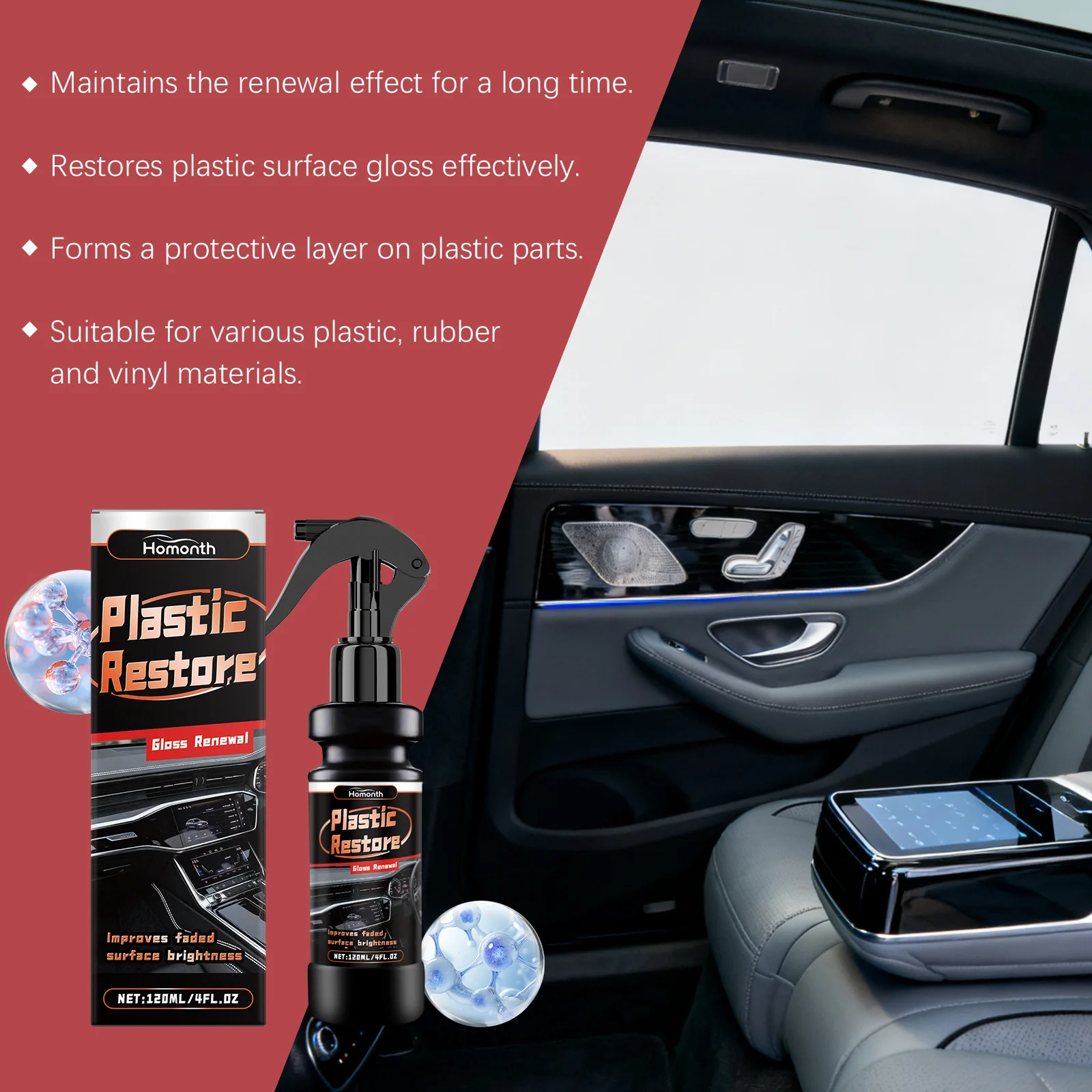 Ceramic Trim Restorer Spray - Back to Black Plastic Leather Reviver Dashboard Coating for Vinyl Rubber Car Care Detailing Polish