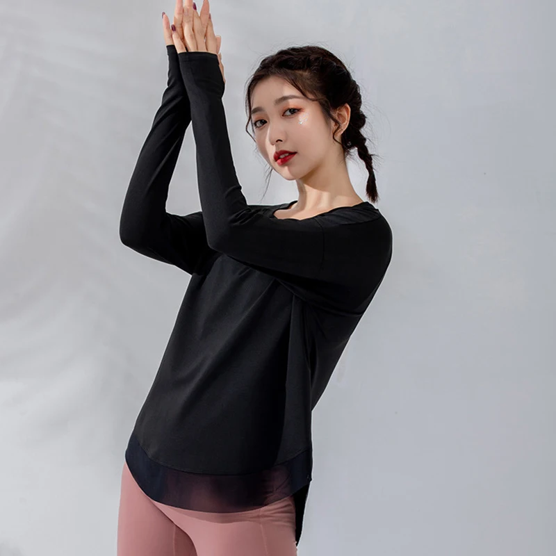 Sport Shirt Women Gym Tshirt Yoga Top Fitness Clothes Running Active Wear Loose Long Sleeve Workout Shirts With Thumb Holes Tops