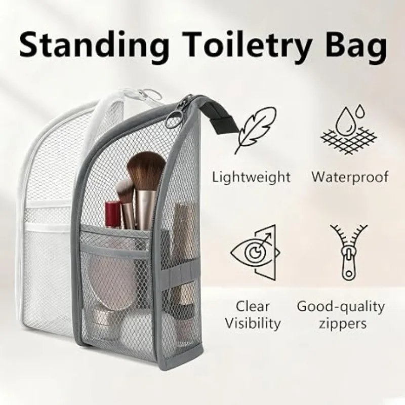 Tragbare, aufrechte Kosmetiktasche aus Netzstoff mit mehreren Fächern, wasserdicht, ideal als Reise-Kosmetik-Organizer für Damen, mit 3 zusätzlichen Beuteln für das Badezimmer. – Detail 10