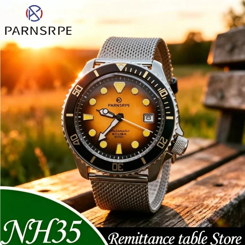 PARNSRPE Men's Watch Japan NH35 Movement Orange Gradient Dial Calendar Display Diver Automatic Mechanical Casual Wristwatch
