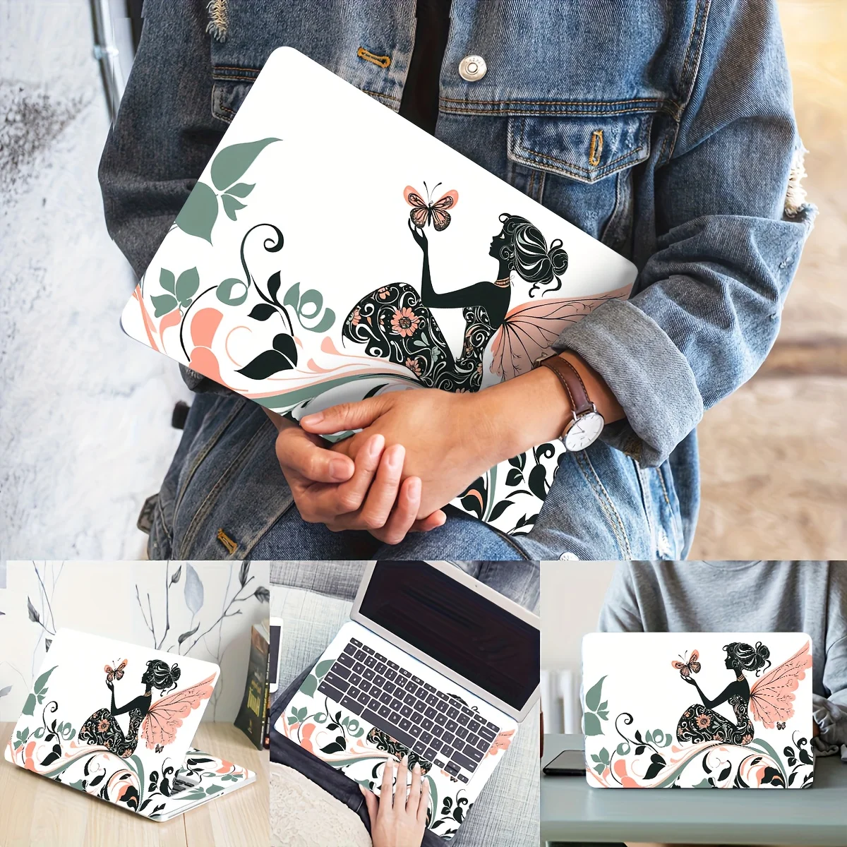 2-Piece Floral Art Sticker for Laptop, Universal Non-Reusable Light Beige Sticker, Waterproof and Scratch Resistant - Suitable