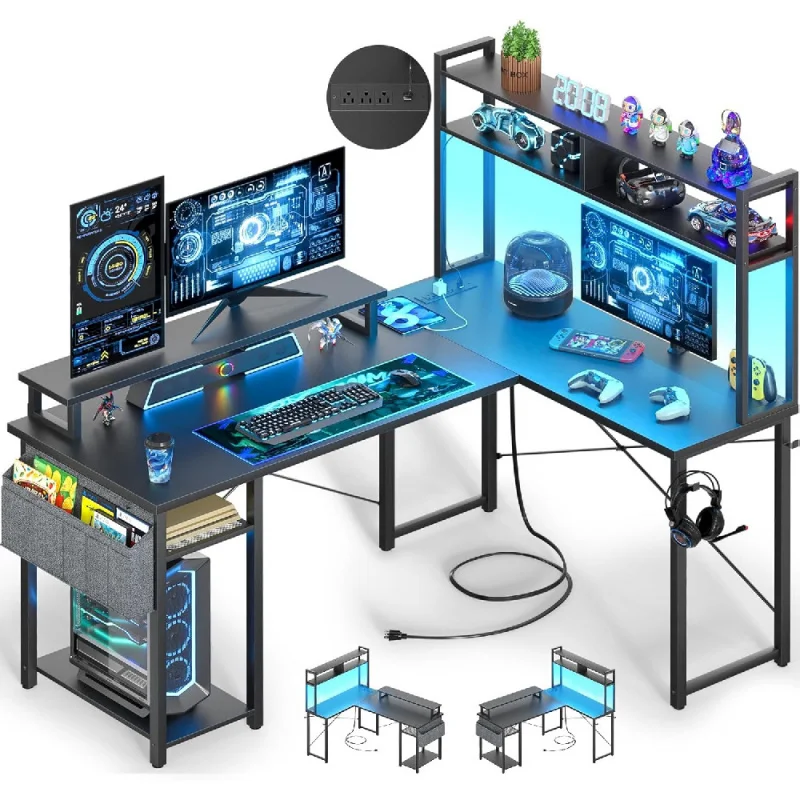 

L Shaped Desk Gaming Desk with Power Outlets, 48" Reversible L Shaped LED Computer Desk with Monitor Stand & Storage Shelf