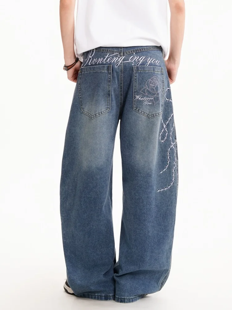 

2025 Cyber Y2K Style Letter Rose Embroidery Washed Blue Baggy Jeans Pants For Men Clothing Luxury Denim Trousers Pantalon Hombre