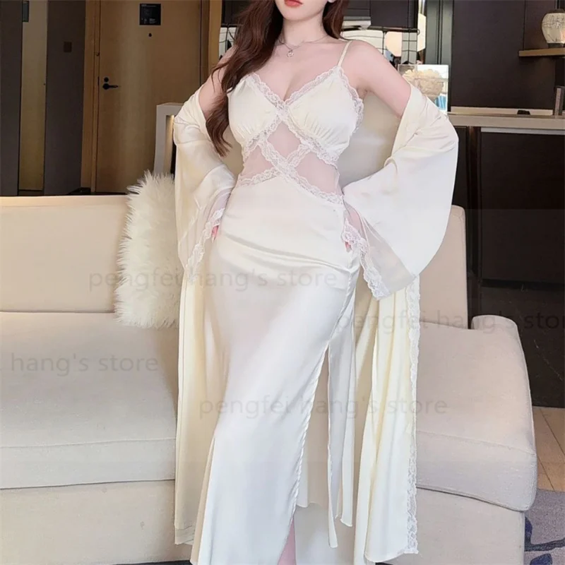 

2025 Autumn and Winter New Sleepwear Lady Elegant Wedding Robe Suit 2Pcs Pajamas Sexy Lace Home Dressing Gown Kimono Lingeri