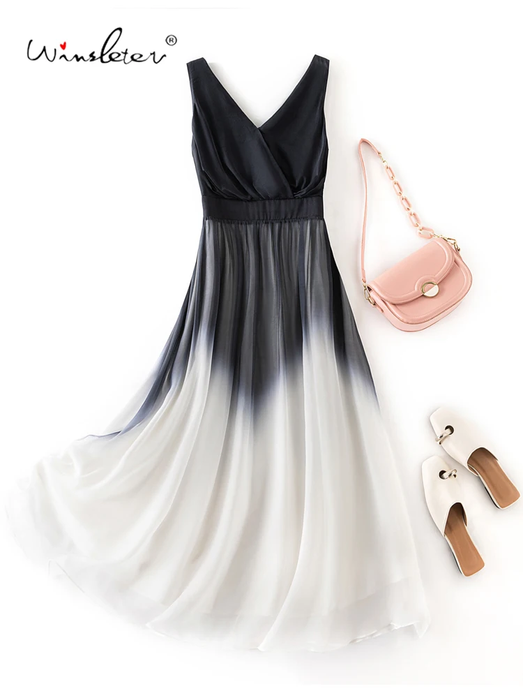 Winsleter-Women 100%Real Silk Elegant Dress, Sleeveless Gradient, French Beach Vacation Bohemia Dresses, 2026 Spring D61940CC