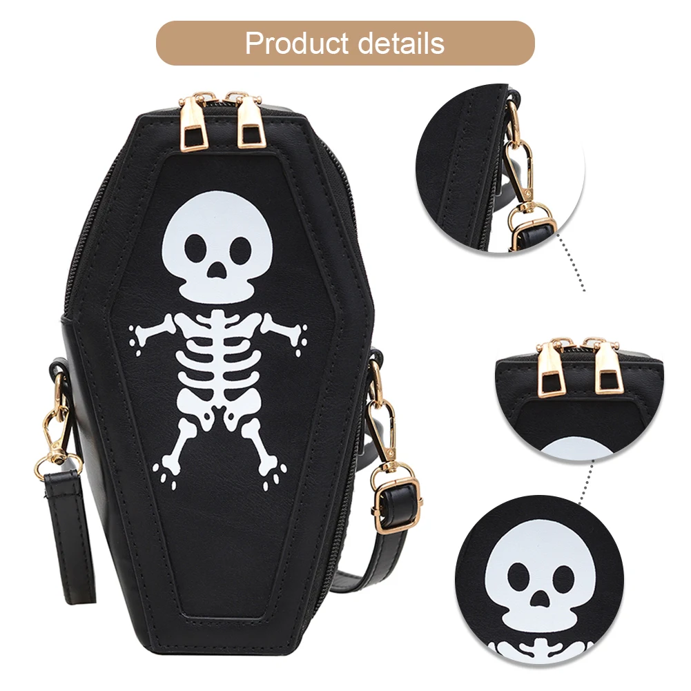 

Women Crossbody Bag PU Leather Coffin Shape Gothic Shoulder Bag Skull Print Hobo Bag for Carnival Cosplay