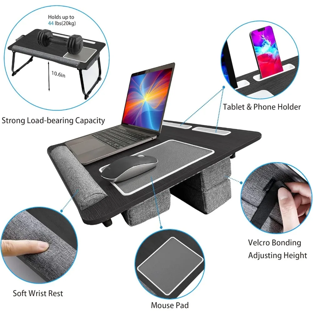مكتب كمبيوتر محمول قابل للتعديل مع وسادة لـ 17 كمبيوتر محمول، استخدام السرير والأريكة، طاولة مكتب قابلة للطي للبالغين، مريحة وكومبا