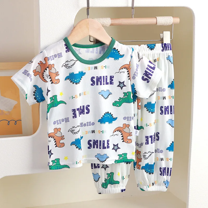 New 2024 Boys Girls Cute Cartoon Short Sleeve T-Shirt Tops + Pants Kids Summer Thin Clothing Sets Baby Casual Pajamas Loungewear