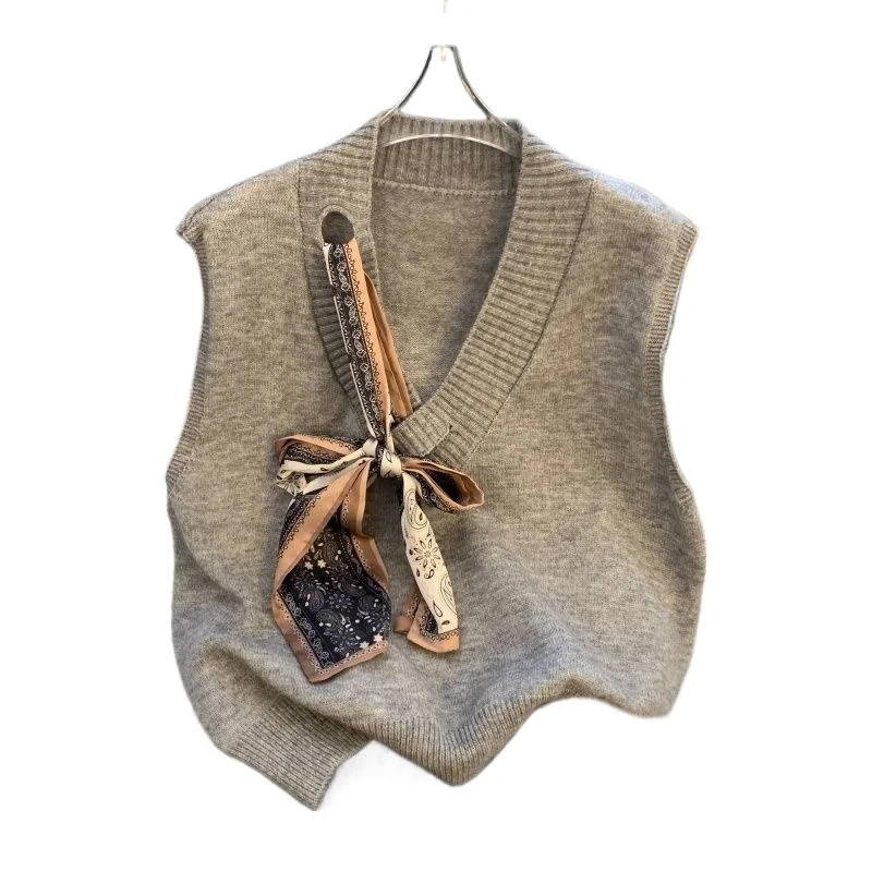 

Рекомендуемый женский вязаный жилет с V-образным вырезом и бантом, дизайн 2026 года, весенний, элитный, с эффектом омоложения