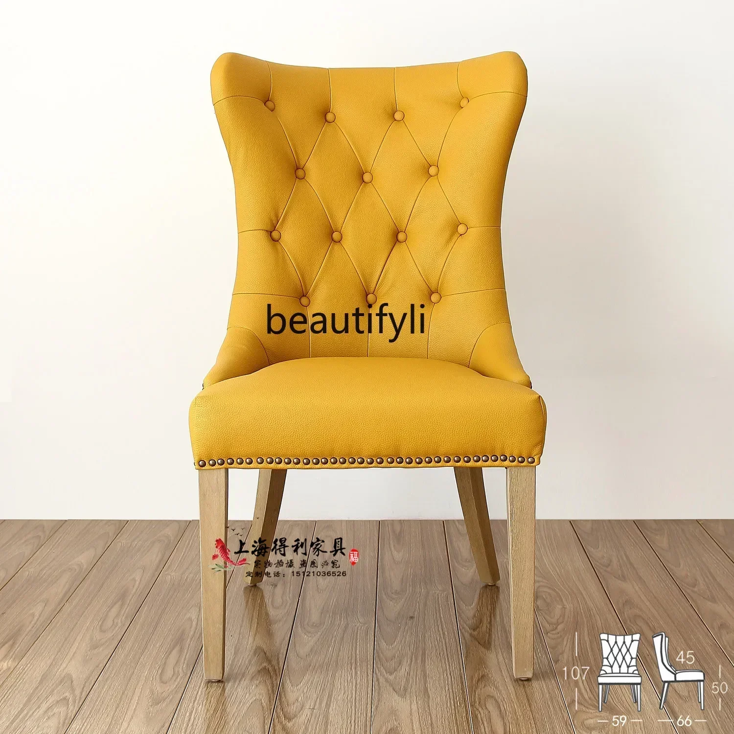 Hot sales American high-end leather art dining chair solid wood buckle cafe chair pastoral leisure armless desk chair