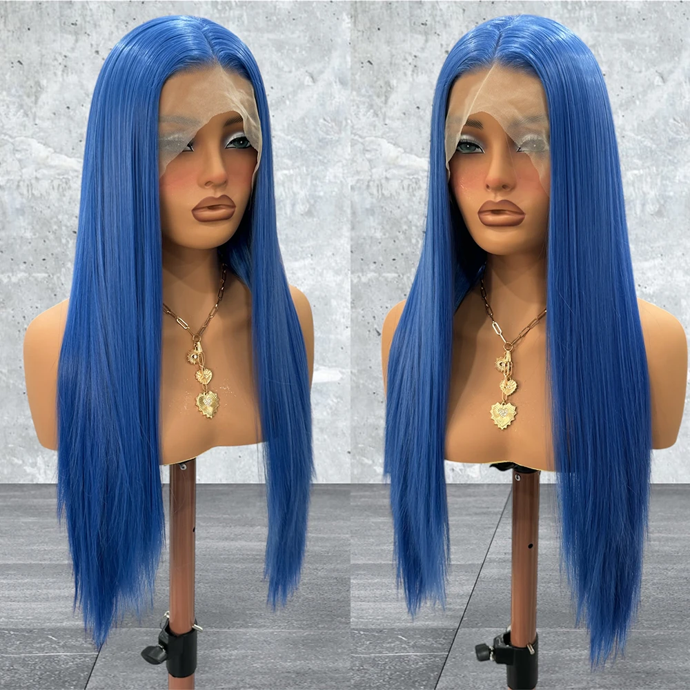 Blue Long straight Lace Wig Synthetic Hair Dark Blue Wig Silk Staright Wigs Heat Resistnt Frontal Lace Wigs for Women Daily Wear