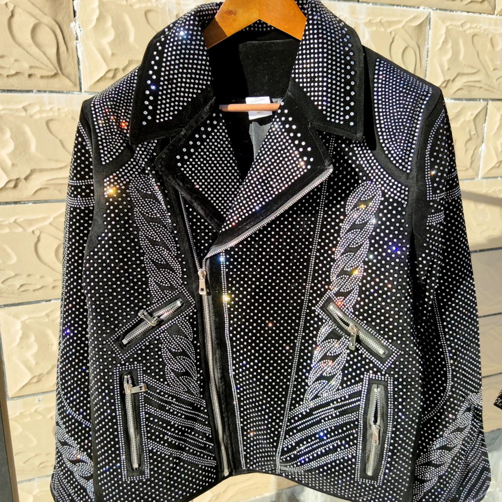 Fall Jacket Coat Jaqueta Bomber Rhinestones Jacket Men Top Quality Luxury Hot Drill Punk Club Outfit Punk Leather Jacket For Men