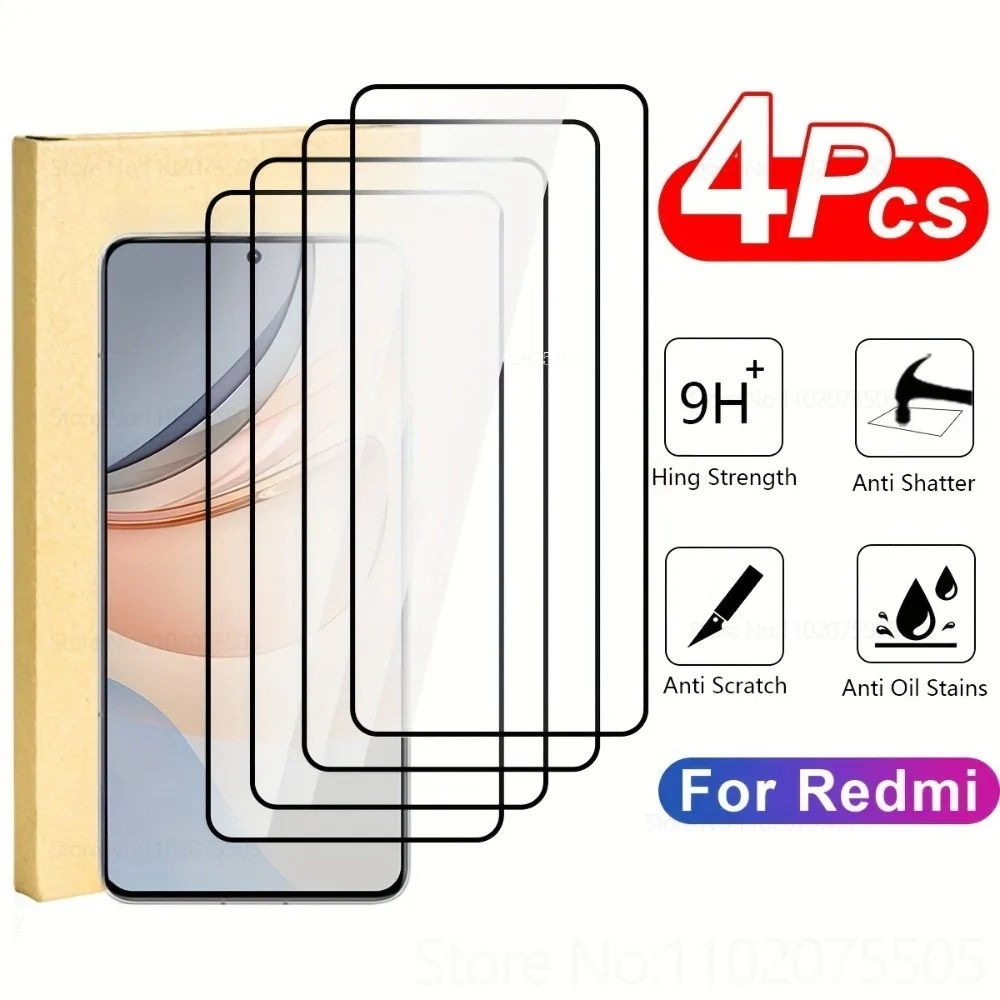 

4Pcs for Xiaomi Redmi 12 13C 13R 14C 15 4G 9H Hardness Tempered Glass for Redmi 15C 4G 12C 10A 11A Black Border Screen Protector