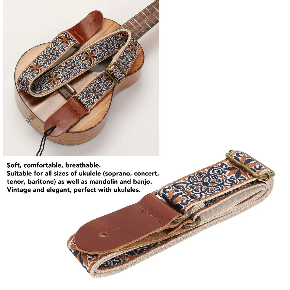 2Sets Embroidery Style Ukulele Strap Colorful Leather+Polyester Crossbody Strap Adjustable Length Shoulder Belt Music Practice
