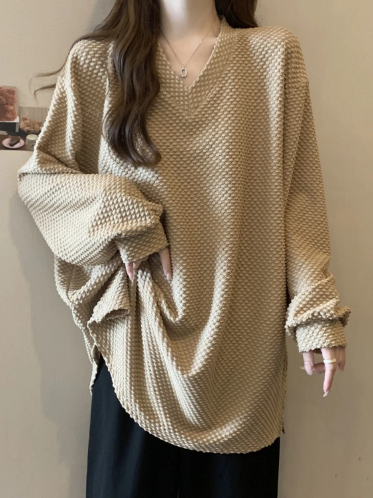 Loose Long Sleeve V-Neck T-Shirt Women's Autumn Style plus Size Conceals Belly Flattering Cotton Base Shirt Korean Commute Style