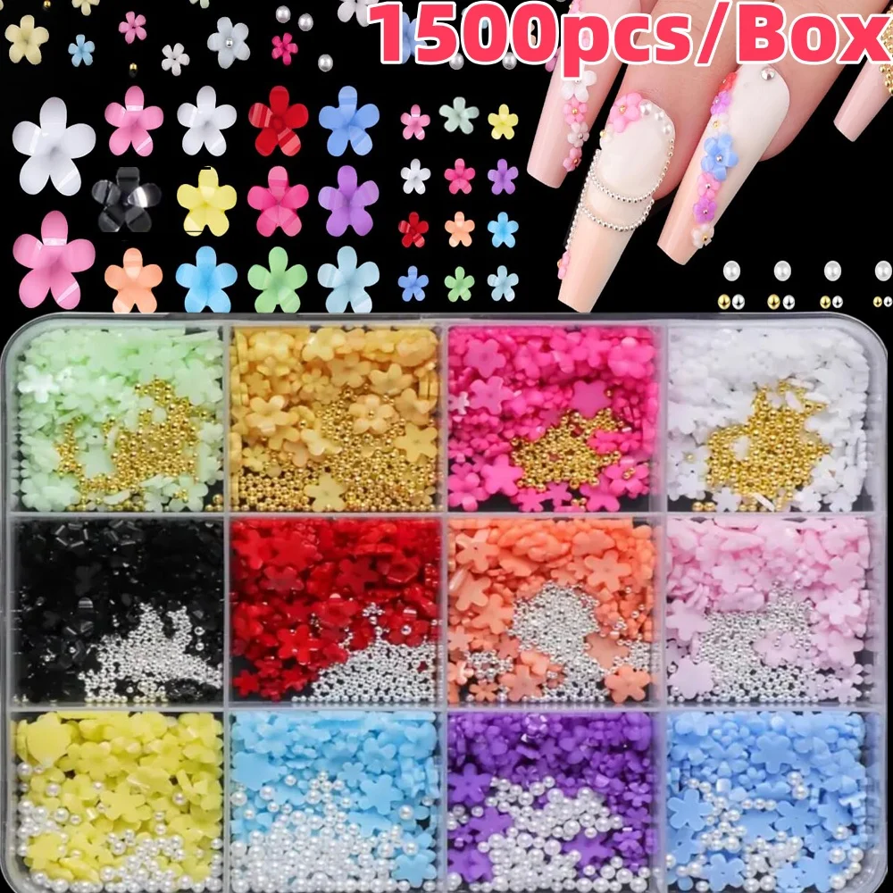 

12 сеток-1500 шт. 3D пятилепестковые цветы для дизайна ногтей, 3/6 мм, смоляные цветы, украшения для ногтей, золотые, серебристые бусины с икрыми деталями для ногтей