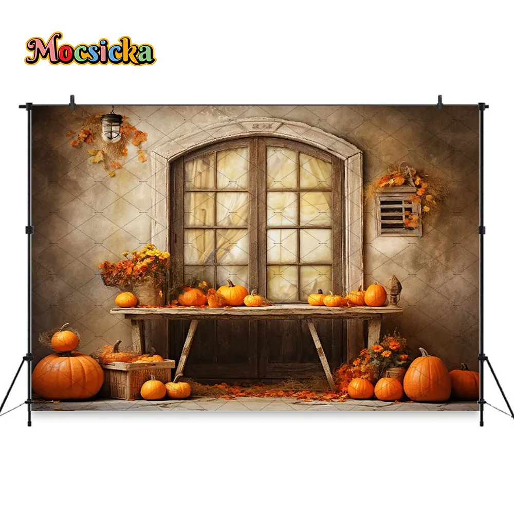 Mocsicka Autumn Pumpkin House Background Photography Retro Window Maple Leaf Backdrop Kids Family Thanksgiving Party Art Photo