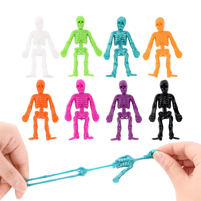 10pcs Mini Colorful TPR Stretchable Skeleton Skull Man Horror Doll Prank Toys Halloween Trick-or-treat Toys Figure Halloween Toy