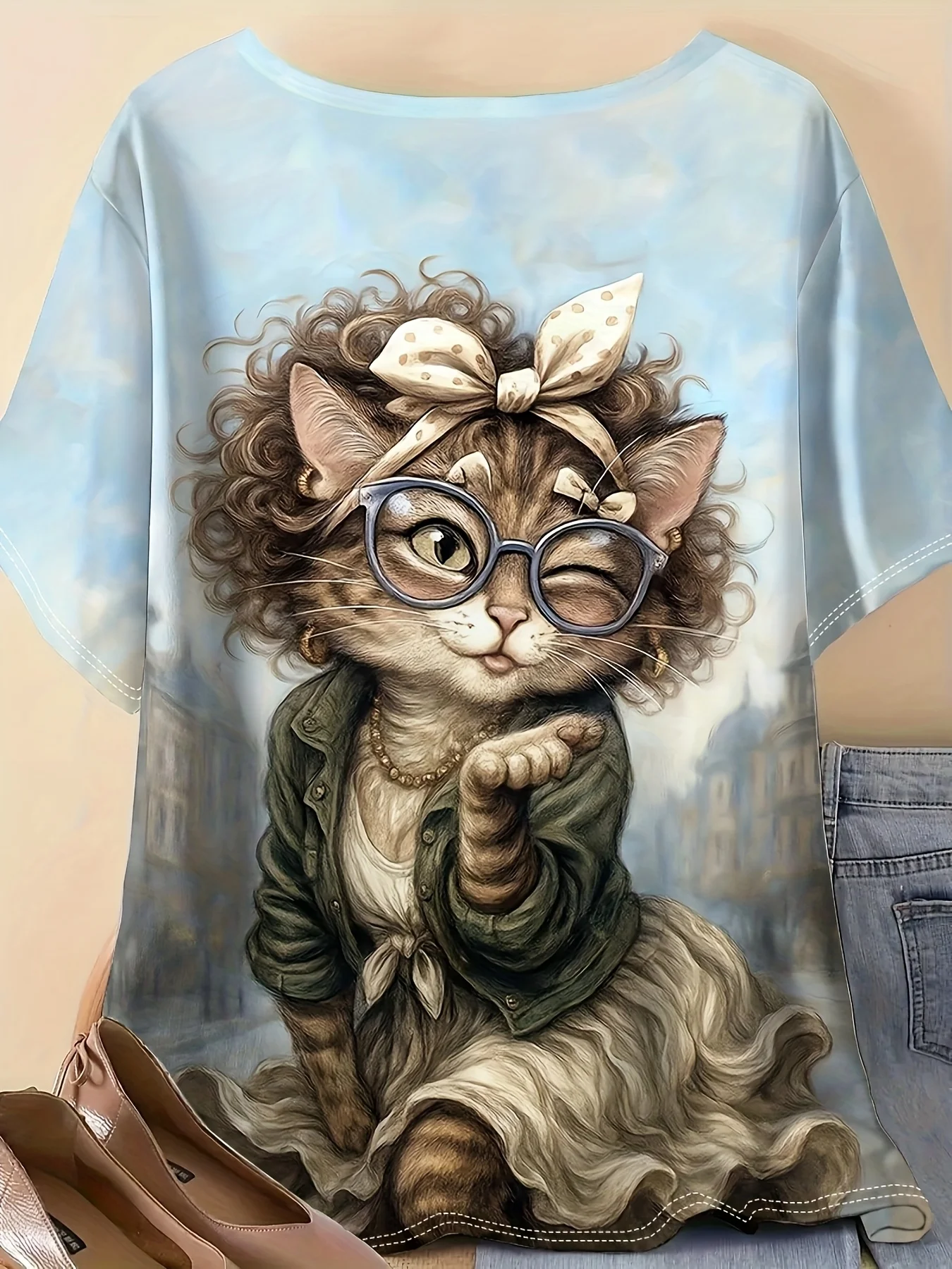 Women Crew Neck Short Sleeve T‑Shirt, Cute Fashion Cat With Glasses Bow Blowing Kiss Vintage City Background Graphic Casual