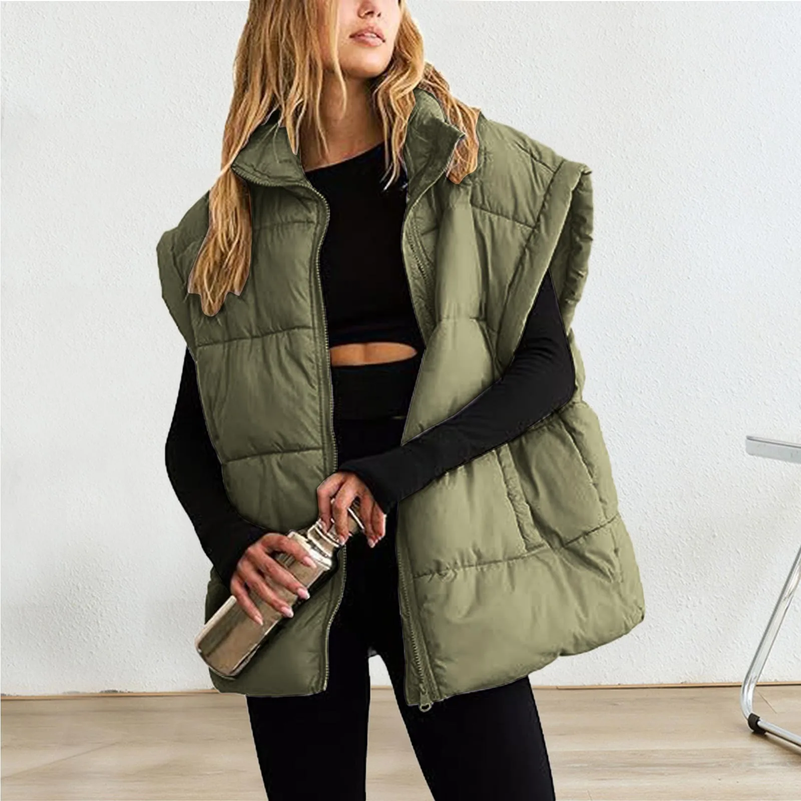 Women'S Vest Winter Oversized Vest Lightweight Stand Collar Flysleeve Insulated Padded Puffy Jackets Coat With Pockets 조끼