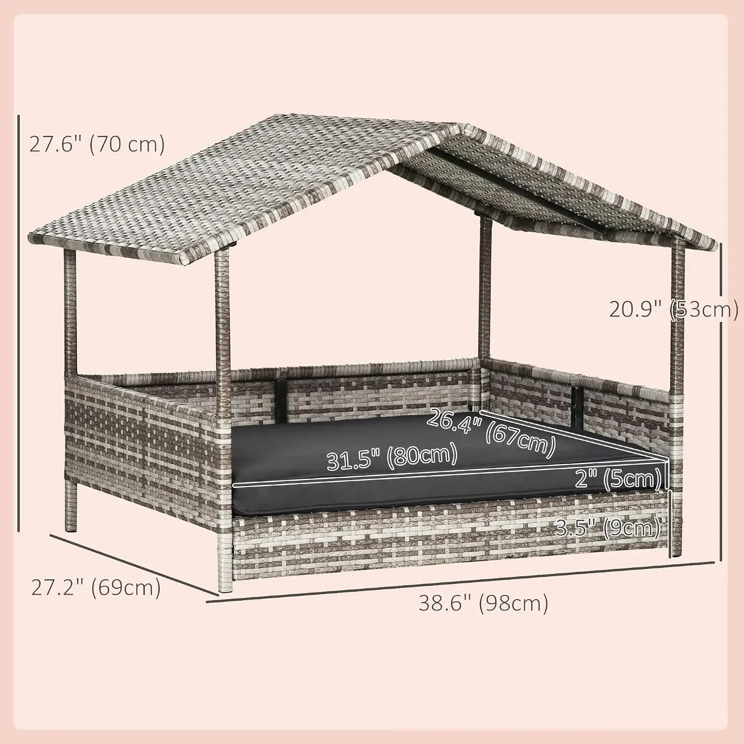 Wicker Elevated Dog Bed with Canopy Pet House Dog Bed for Indoor and Outdoor Use, Rattan Pet Furniture with Removable Cushion