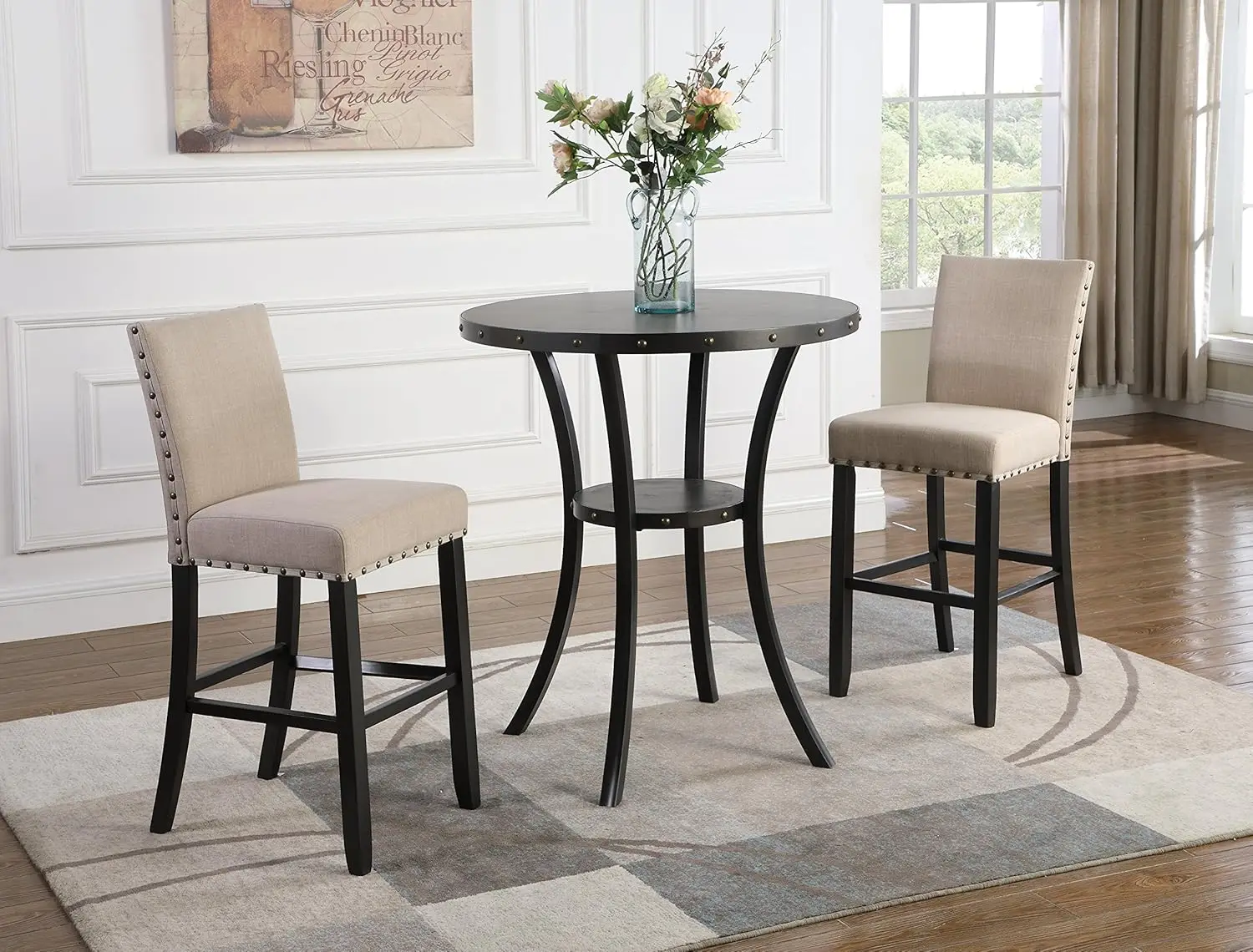 

36" Round Espresso Bar Table Set with 2 Nail Head Stools, Tan Upholstery, Modern Dining Furniture