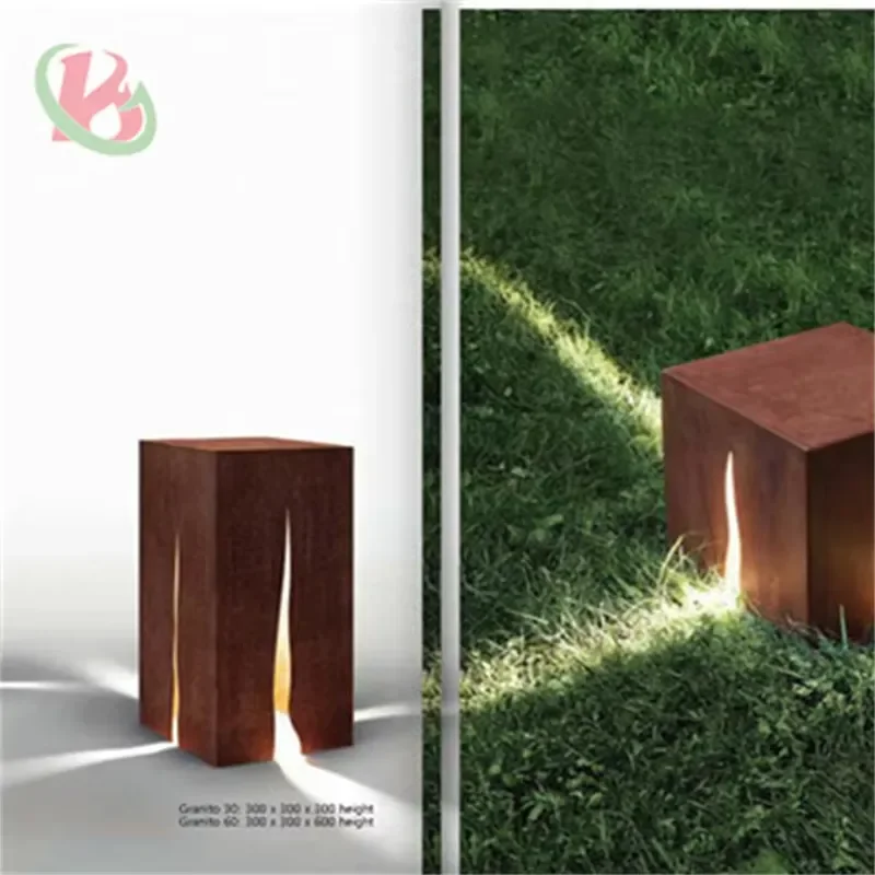Corten Steel Modern Double Sided Garden Cube Light Box Metal Material with Light Emitting Capabilities