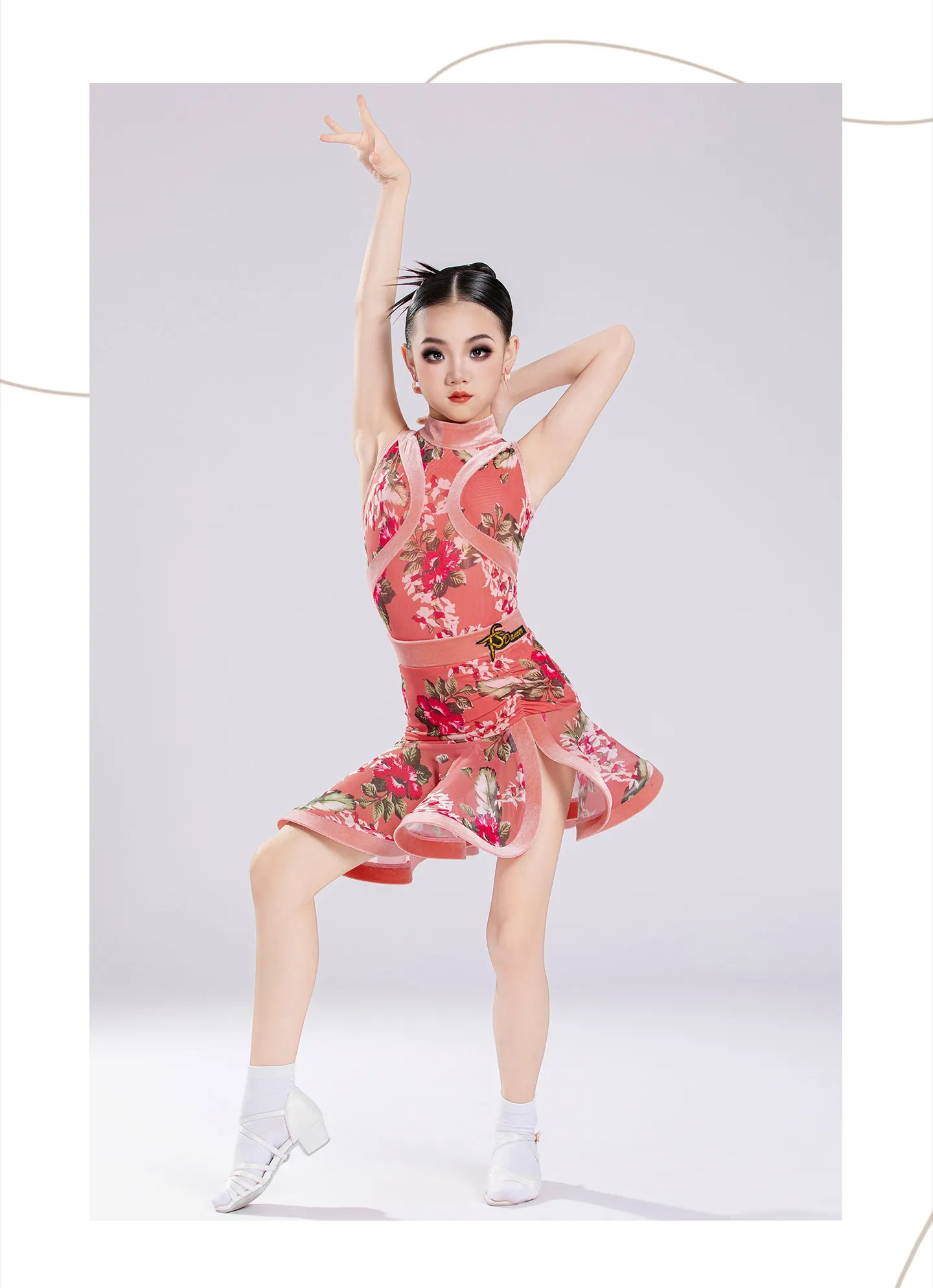 

KidsBallroom Dance Dress High Neck Latin Performance Costume Girls Pink Floral Latin Dance Dress Sleeveless Competition Costume