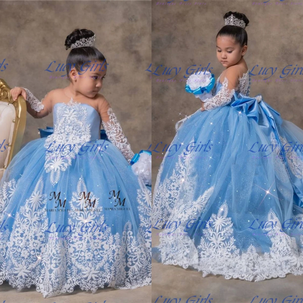 Gorgeous Flower Girls Dress Quality Blue Tulle Fluffy White Applique With Long Tail For Kid Birthday Party Evening Ball Gowns