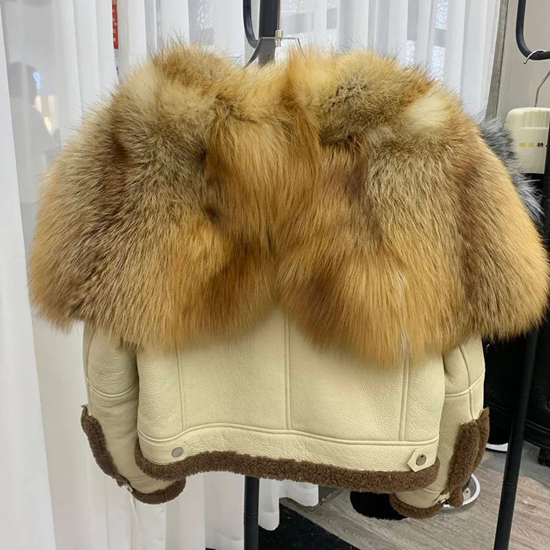 2023 Genuine Sheepskin Shearling Coats Big Real Fox Fur Collar Women Real Leather Jacket Thick Warm Winter Crop Jacket