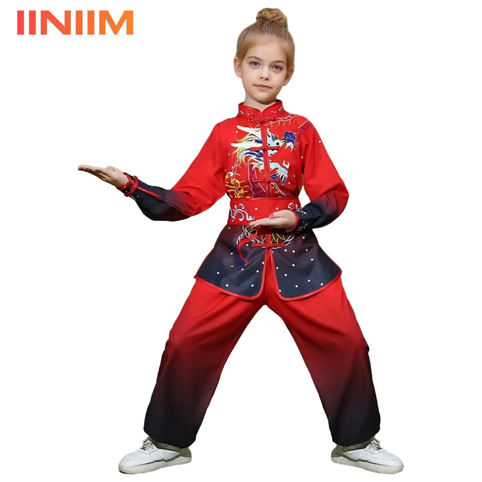 

Kids Girls Boys Gradient Chinese Kung Fu Martial Arts Performance Costume Frog Buttons Top with Waistbelt Oversleeves Pants Set