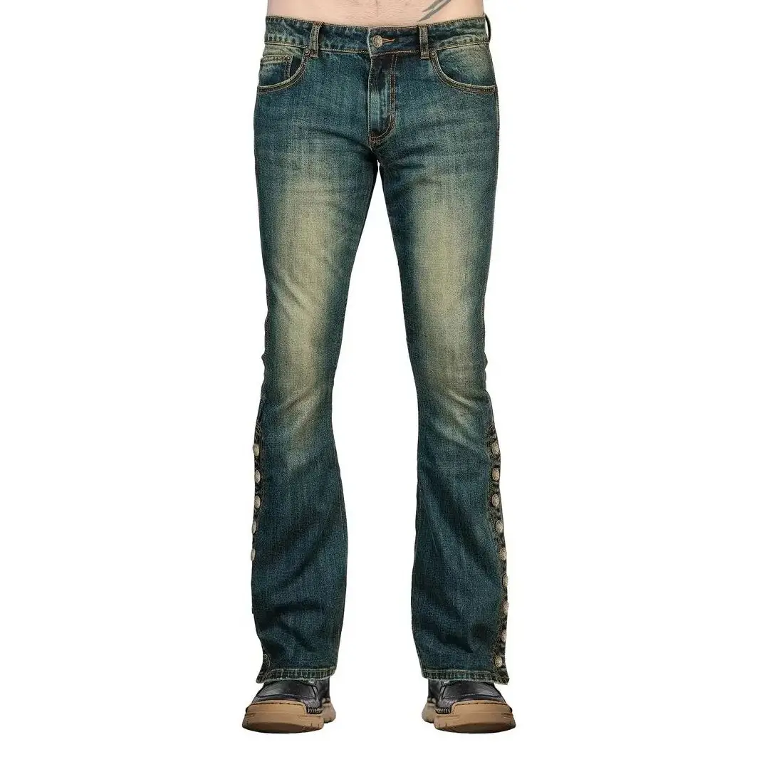 

Men's retro elegant slim fit micro flared button black green jeans for all seasons, fashionable micro flared pants in US size