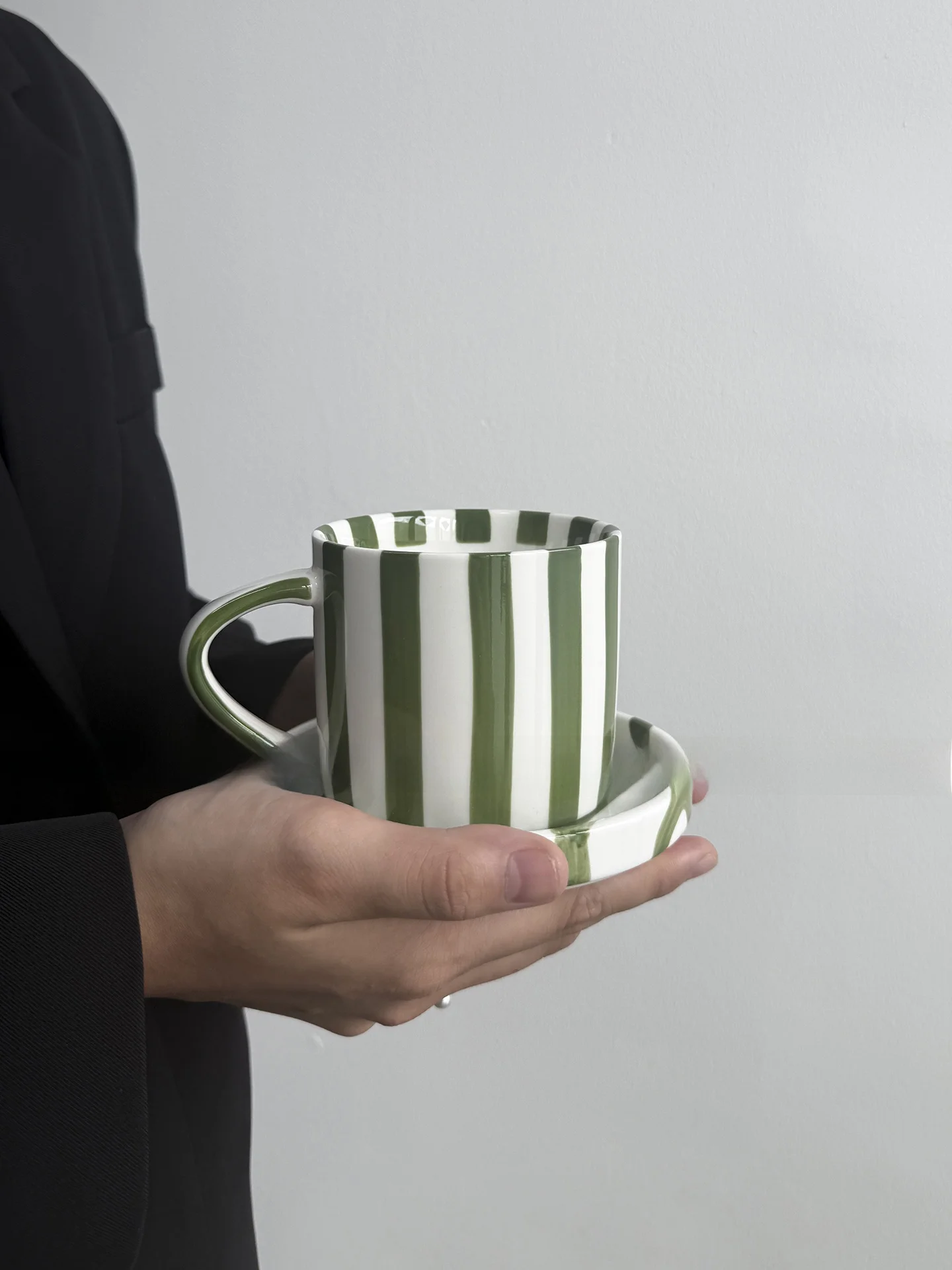 Striped Ceramic Coffee Cups Set Couple Tea Time Water Cups Simple Style  Trend Stirring Spoon Included Coffee Saucer