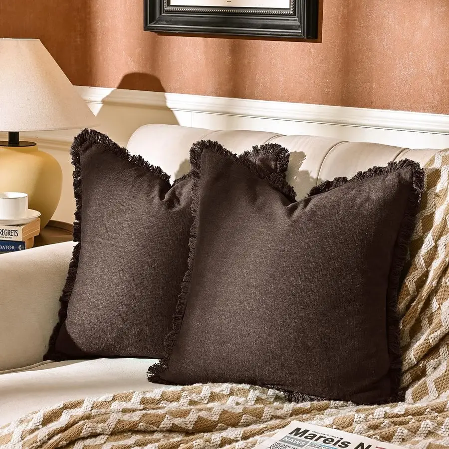 

Набор из 2 льняных наволочек с бахромой и кисточками, декоративные, в деревенском стиле, натуральные, для дивана, кровати, спальни, 22 дюйма