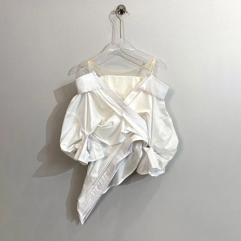 2025 new model of the small-sized white irregular pleated shirt with short sleeves is a stylish and slimming top. shirt women