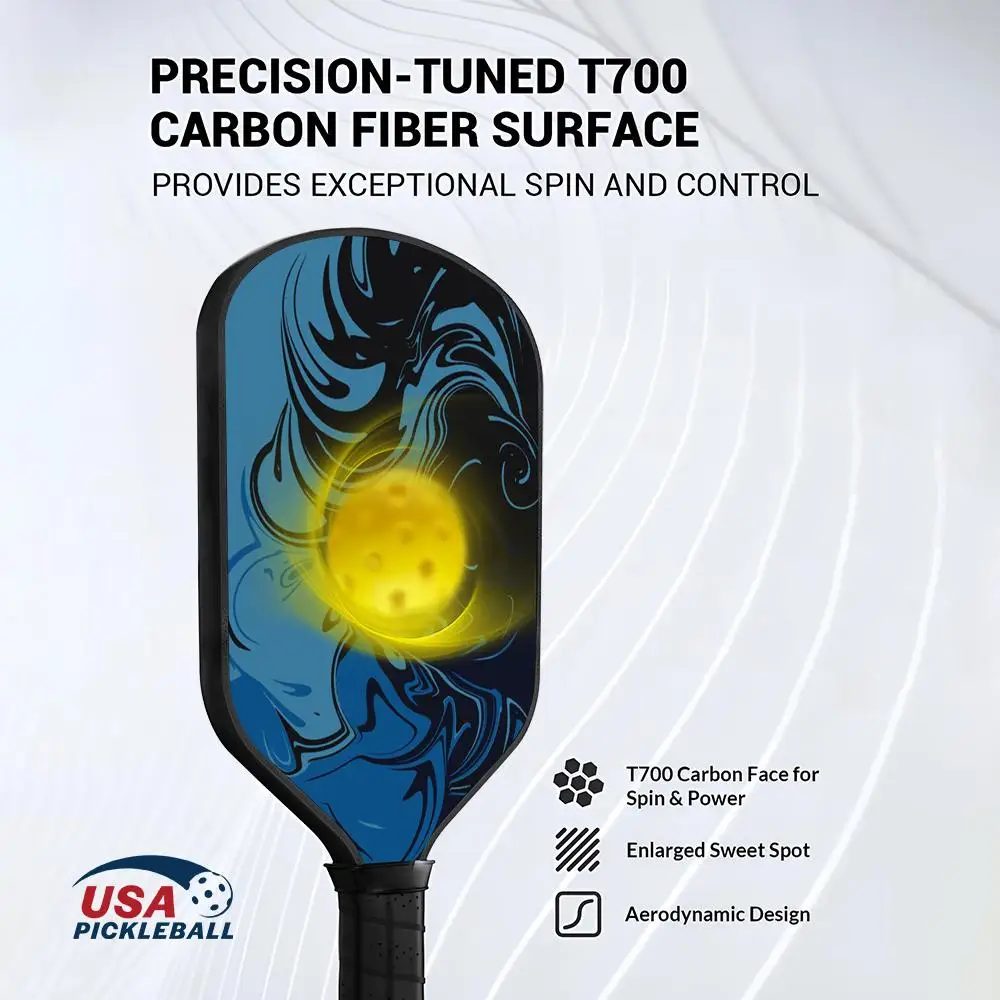Juego de paletas de Pickleball aprobadas por USAPA T700 fibra de carbono Unibody termoformé con núcleo de panal de 16MM Power & Spin azul marino