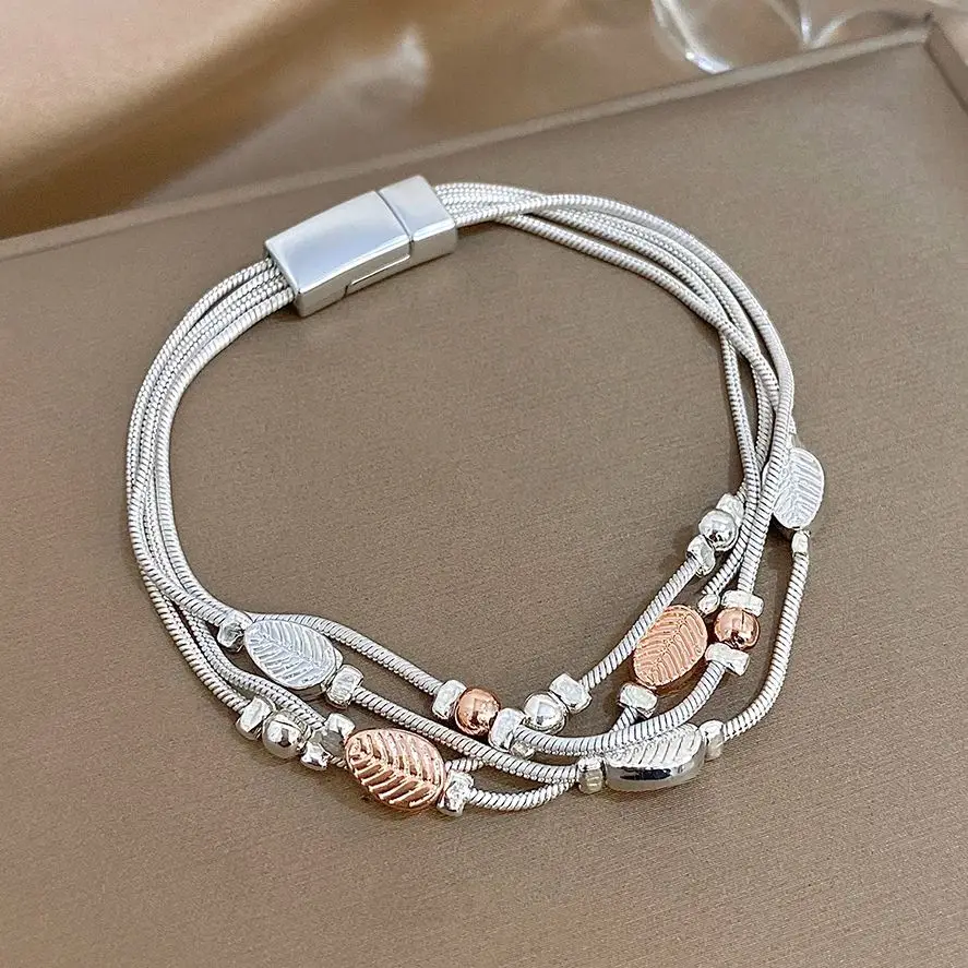 ALLYES Fashion Two Tone Leaves Beaded Bracelet Elegant Multilayer Wrap Silver Color Chain Bracelets for Women Jewelry Gifts