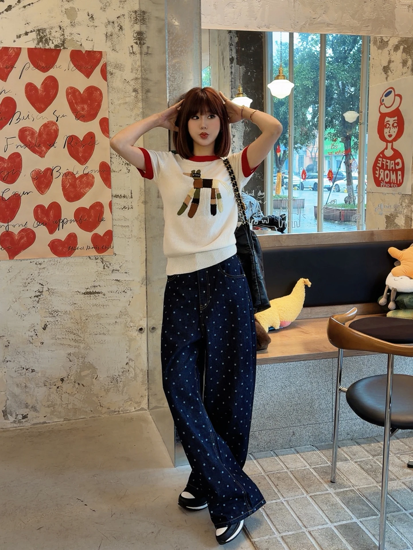 

Fashionable Wide Leg Polka Dot Denim Jeans Spring New Arrival Casual Seven-Foot-Length Cotton Breathable Ladies' Jeans