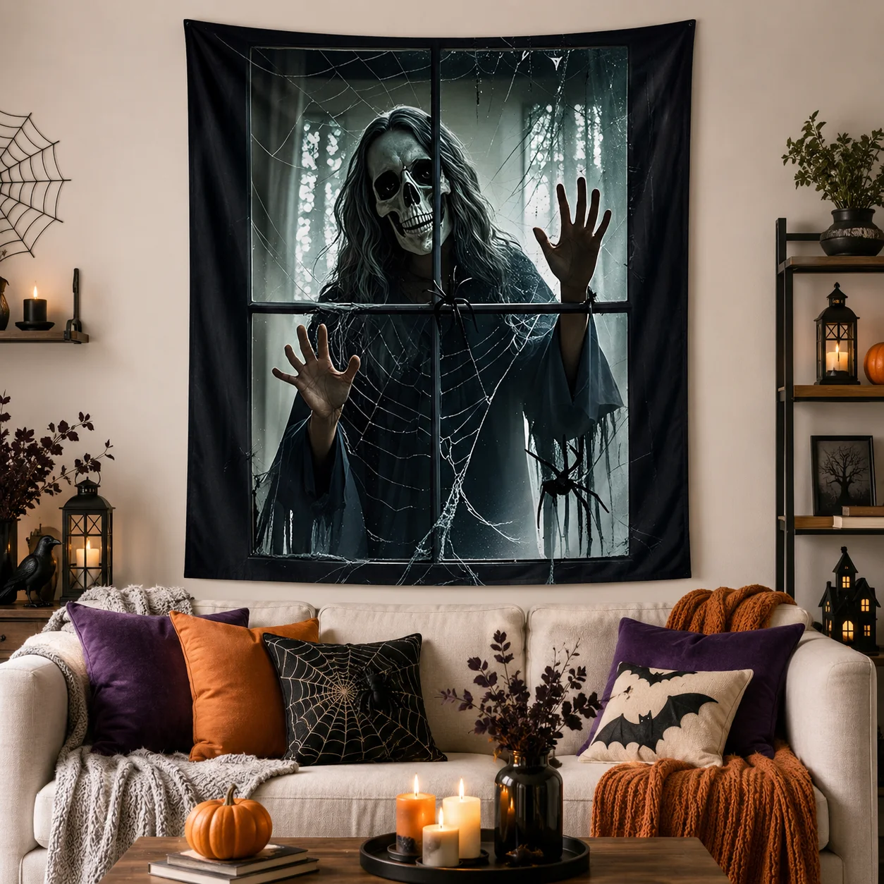 2D Flat, 2D Flat 1pc Happy Halloween Overlay Window Cover Decoration, Hanging Party Banner with Skeleton Figure Outside the Window, Spider Web and Black Spider Elements, Mysterious Atmosphere Theme.Suitable for Outdoor and Indoor Use