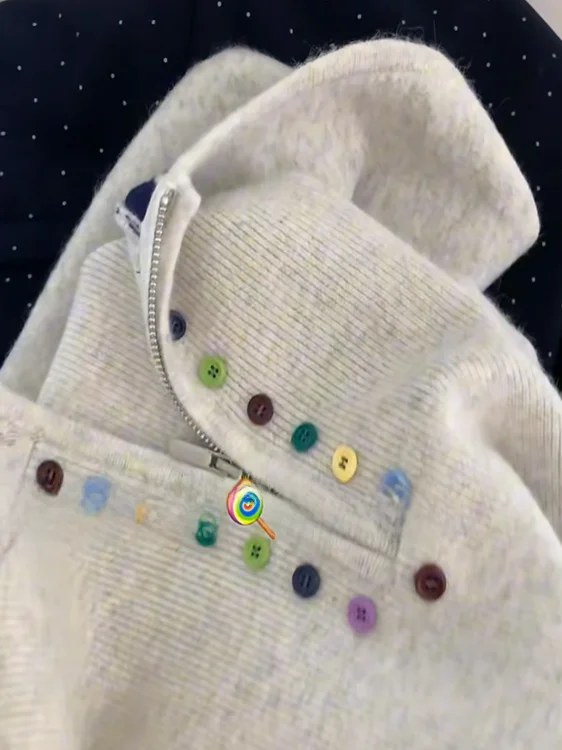 Suéter de Punto Hoado Estilo Coreano para Mujer, Otoño Invierno, Nuevo, Colorido, con Botones, Capucha, Media Cremallera, C...