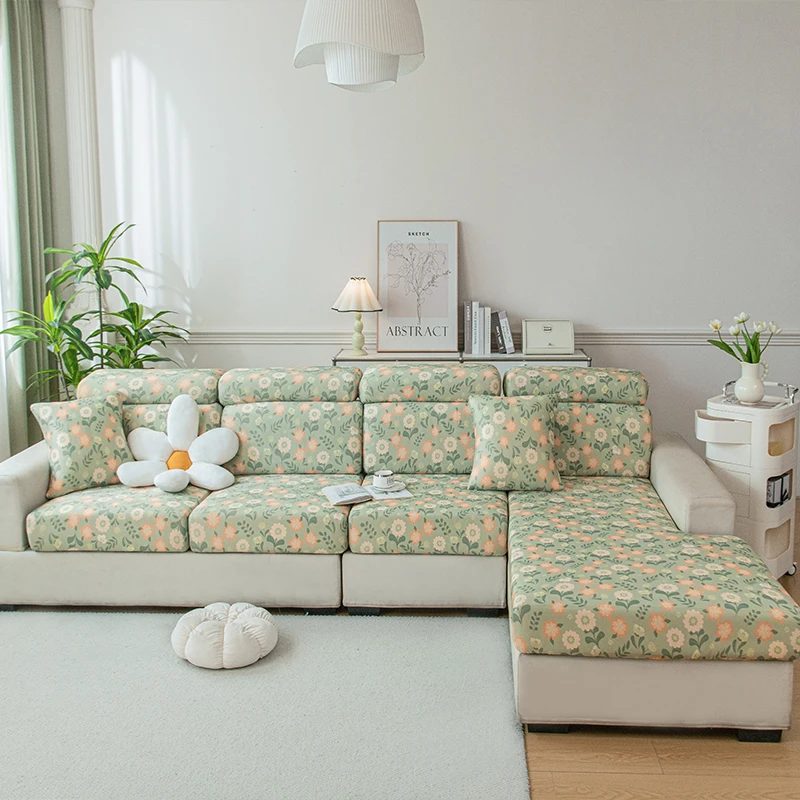1pc Ice Silk Floral Sofa Seat Cover, Stretch Removable Washable Couch Cushion Slipcover, Printed Sofa Protector