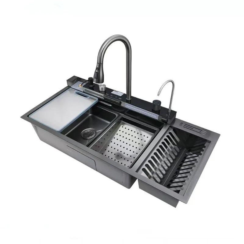 New Waterfall Multifunctional Piano Keys Thickened Stainless Steel Kitchen Sink with Dish Rack