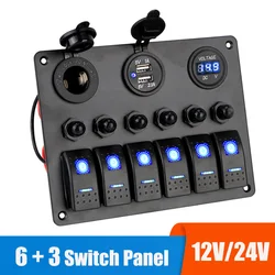 12V 24V 6 Buttons Car Switch Panel 15A Fuse Marine Circuit Breaker Voltmeter Tester Light Toggle USB Chargers 3.0 Auto Splitter