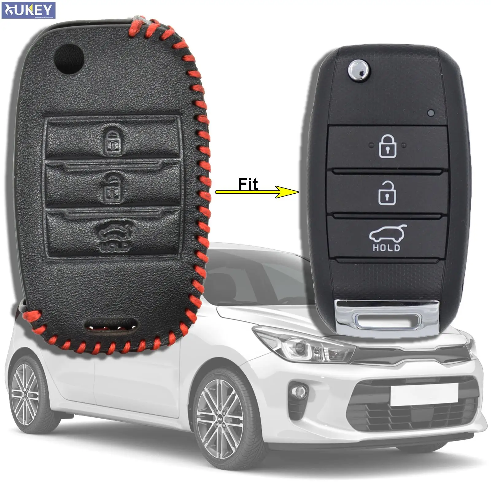 Funda para llave de coche de 3 botones para Kia Sedona Optima Ceed Soul Rondo Carens, Funda de cuero negro Fob sin llave, soporte para llavero de protección