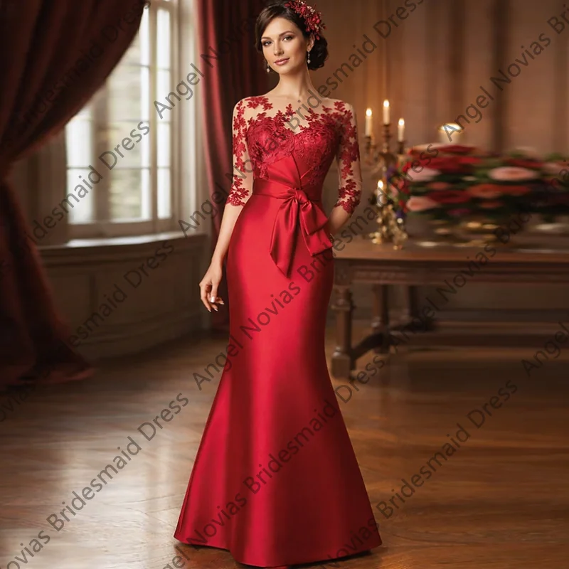 Long Mermaid Red Mother of the Bride Dresses with Half Sleeves Wedding Party Gowns vestidos de fiestas elegantes mujer